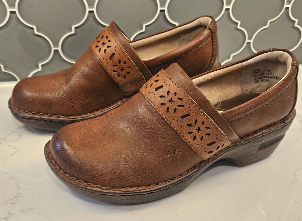 BOC Born Concept Womens Brown Clogs Floral Laser Cut Slip On Shoes 10M